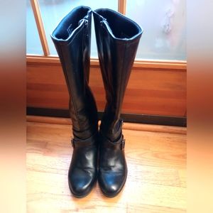 BOOTS, BLACK, KNEE HIGH, ANKLE BANDS &BUCKLES, 1.5" HEEL, SIZE 6M, INNER ZIPPER